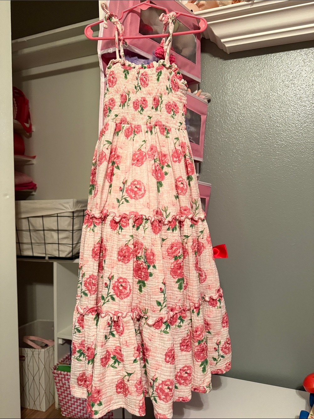 SweetHoney Pink Rose Print Smocked Tiered Twirl Dress